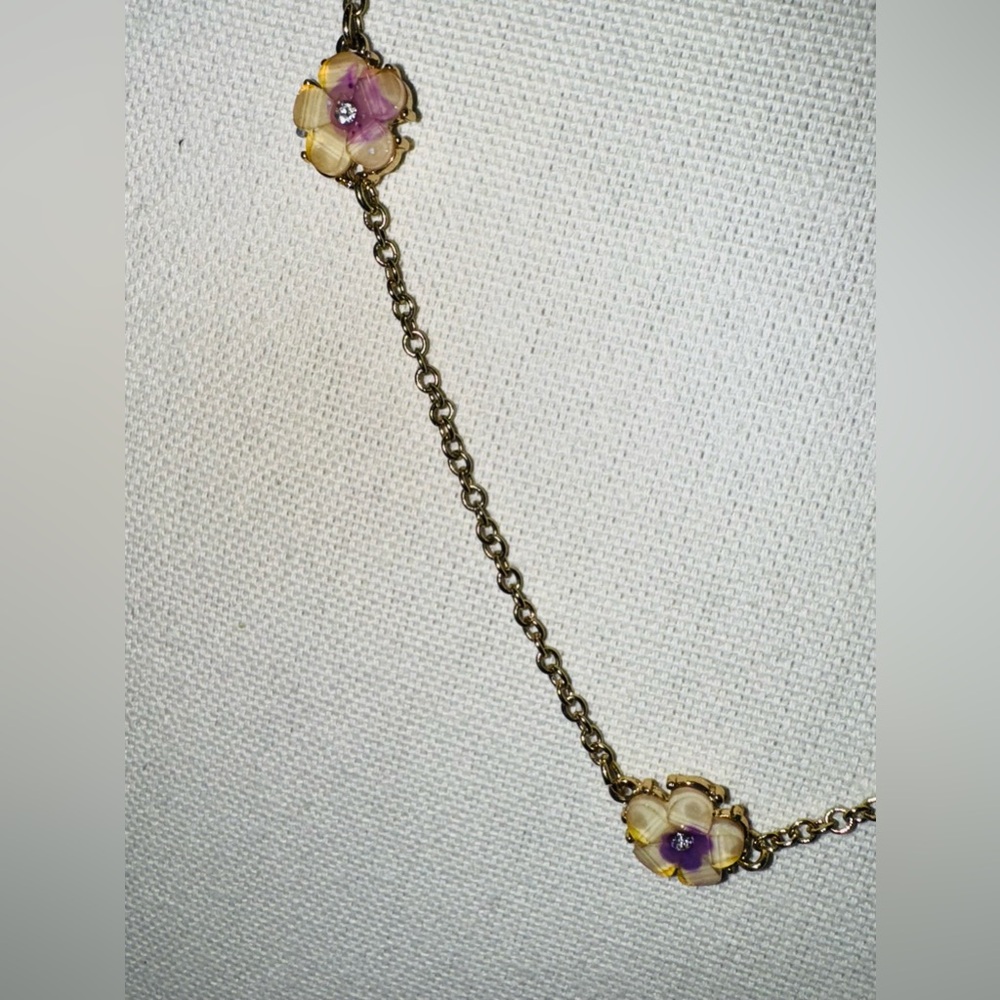 SAQ Gold-Tone Floral Station Necklace, Purple & Cream Acrylic Flowers & Crystals - Picture 3 of 6